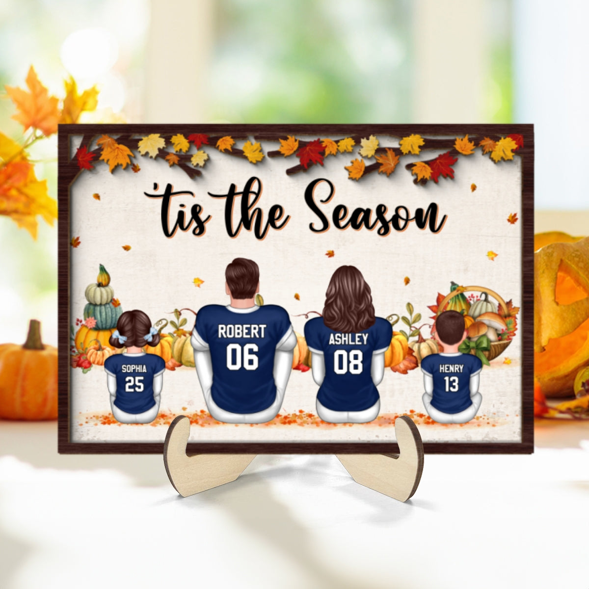 Fall Season Football Family Sitting Personalized 2-Layer Wooden Plaque, Gift For Husband, Wife, Dad, Mom