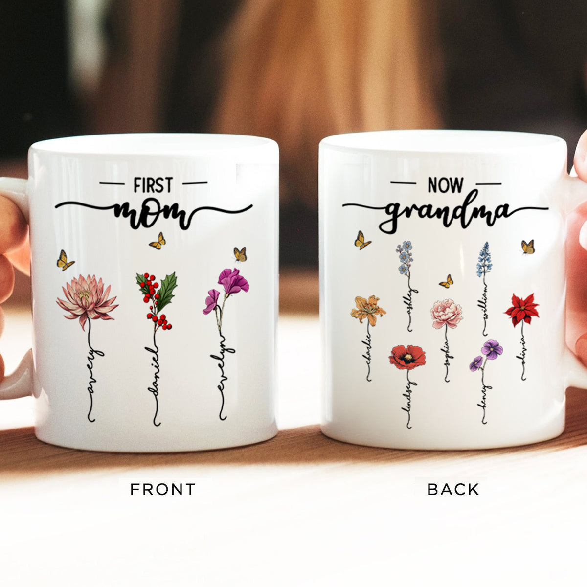 First Mom Now Grandma Birth Flower Personalized Mug