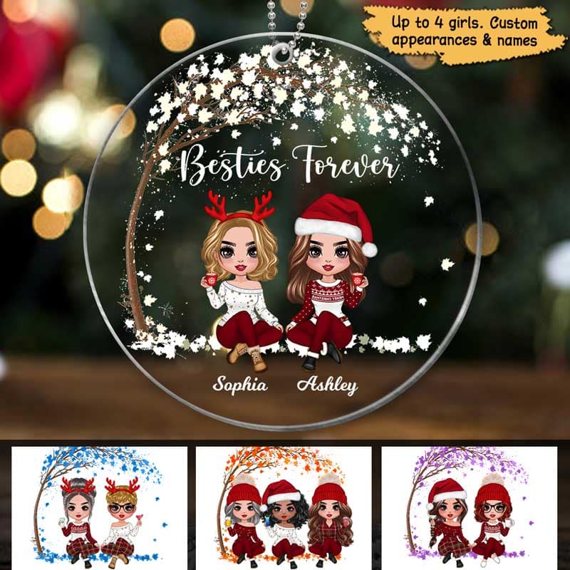 Doll Besties Sisters Sitting Under Tree Christmas Personalized Acrylic Ornament