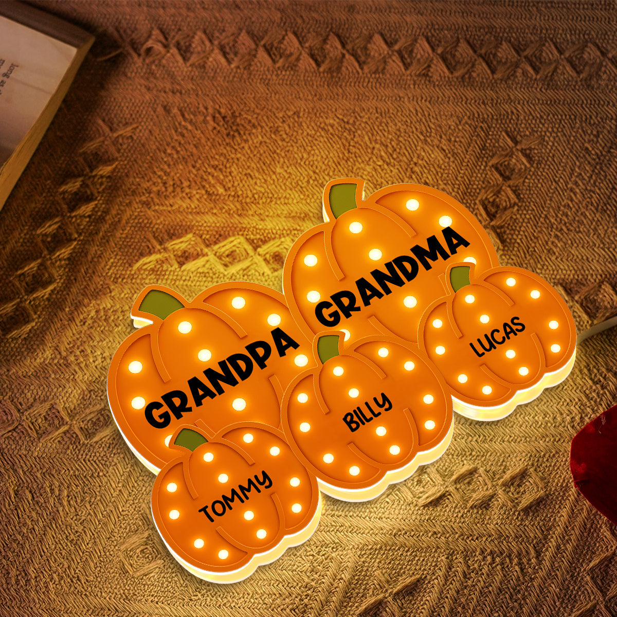 3D Effect Grandma Grandpa Grandkids Pumpkin Patch Marquee Pattern - Personalized Light Box - Cozy Fall Home Decor