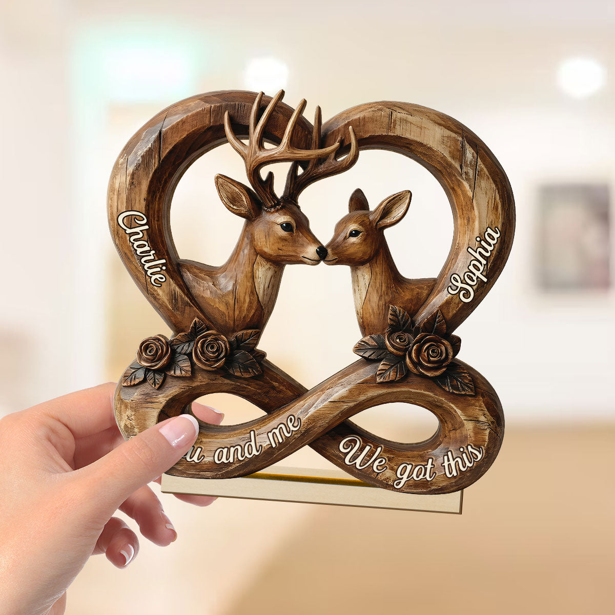 3D Effect Deer Couple Eternal Love - Personalized 2-Layer Wooden Plaque - Gift For Him, Gift For Her