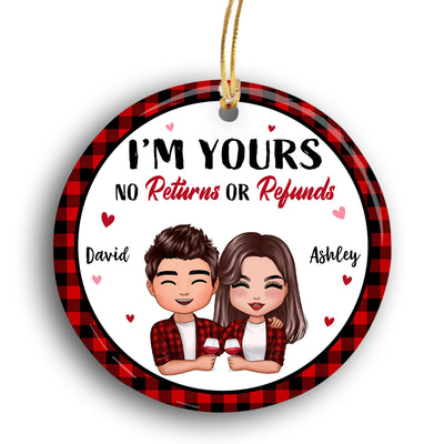Doll Couple Hugging Holding Drinks Checkered Pattern Christmas Personalized Circle Ornament