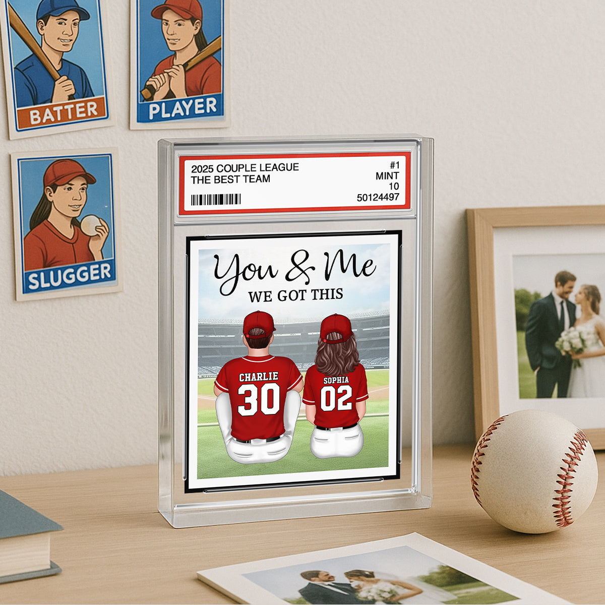 Baseball Couple Sitting Back View Trading Card Style Personalized Acrylic Block Plaque, Gift For Him, Gift For Her