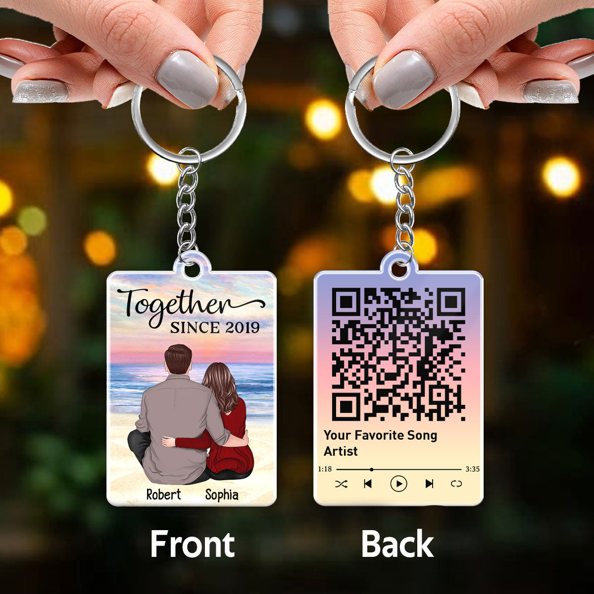 Couple Back View Sitting At Beach Favorite Song Scannable QR Code Personalized Acrylic Keychain