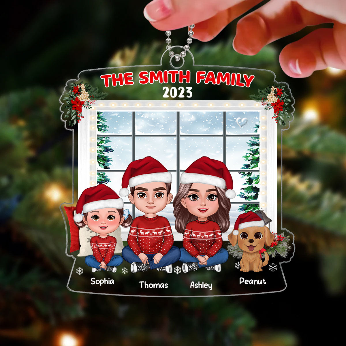 Family Crossed Legs Sitting By Window Dad Mom Kids Dogs Cats Personalized Acrylic Ornament