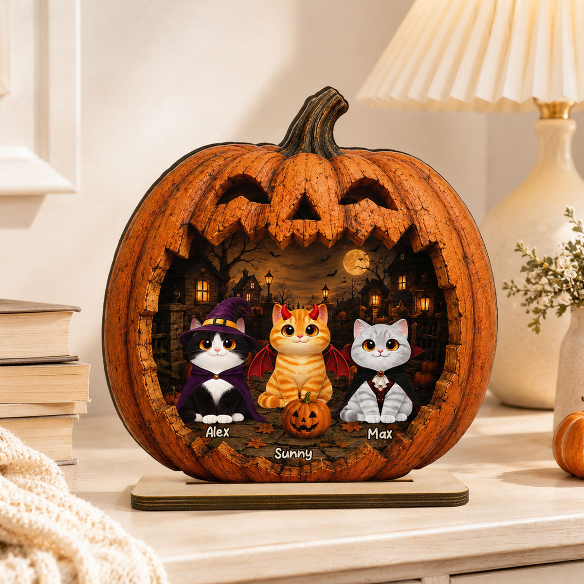 Spooky Halloween Pumpkin Cats - Personalized 2-Layered Wooden Plaque - Halloween Decor For Cat Lovers
