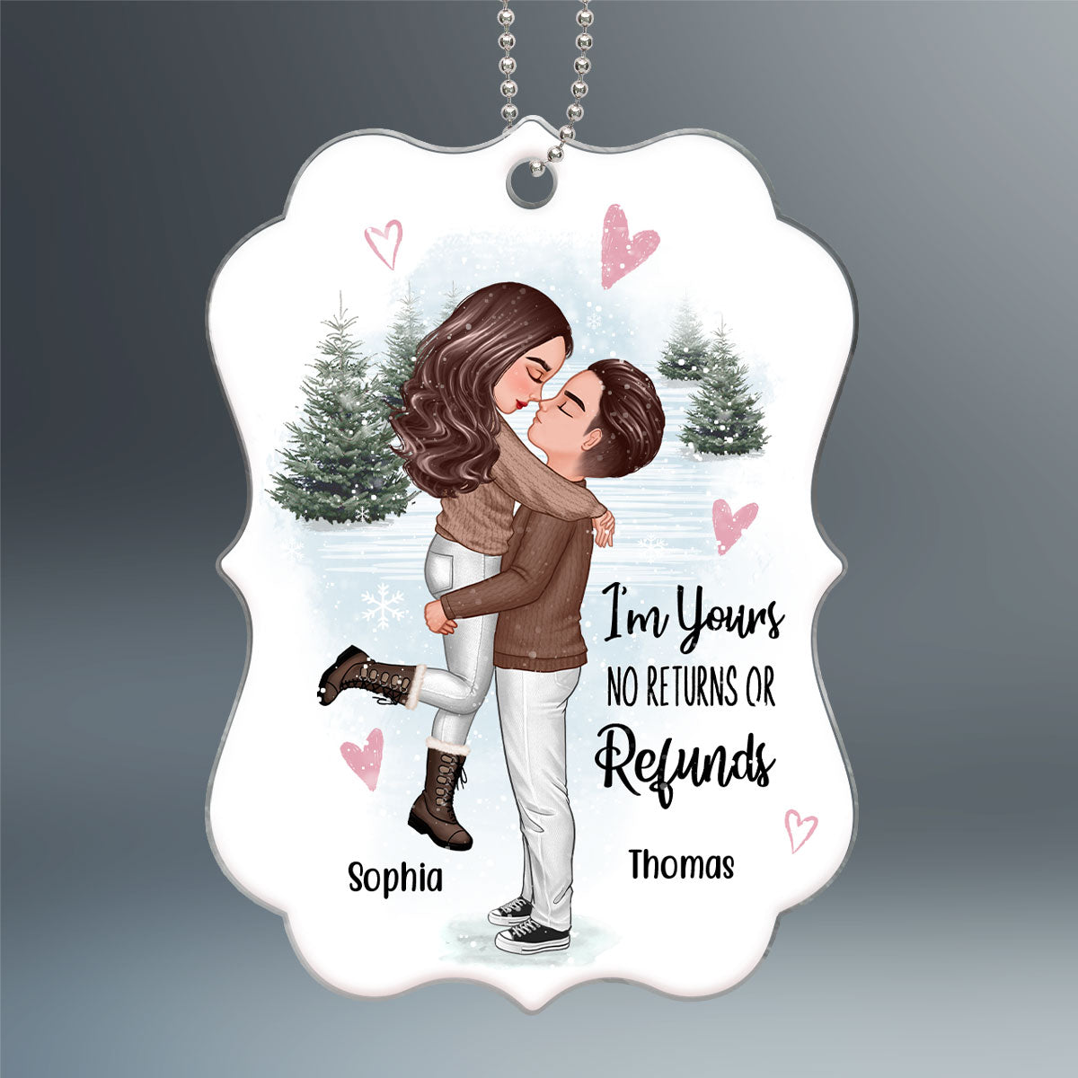 Doll Couple Hugging Kissing In Snow Pink Hearts Personalized Acrylic Ornament