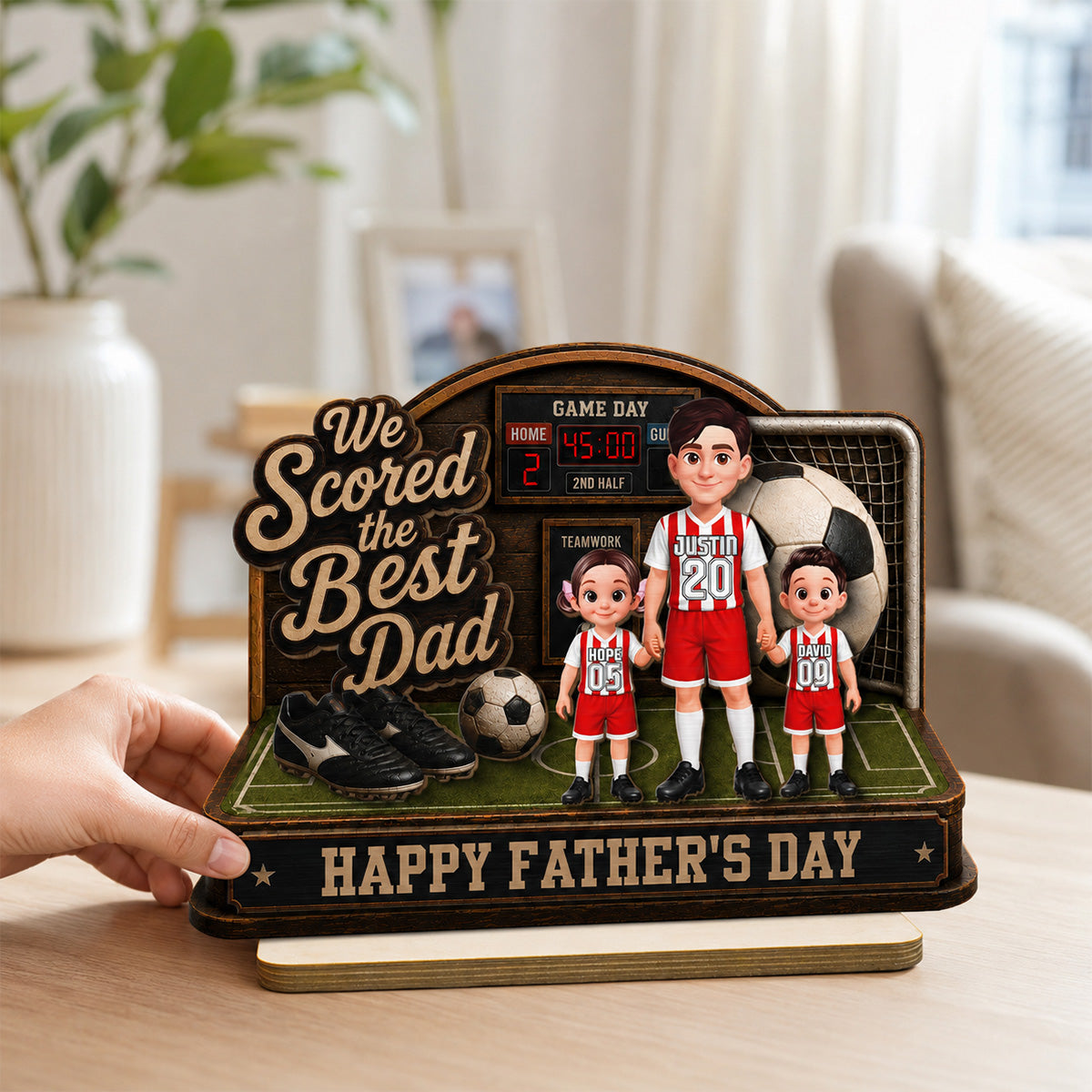 Soccer Dad & Kids On Court 2D Flat - Personalized 2-Layered Wooden Plaque - Father's Day Gift For Soccer Dad, UK Football Dad
