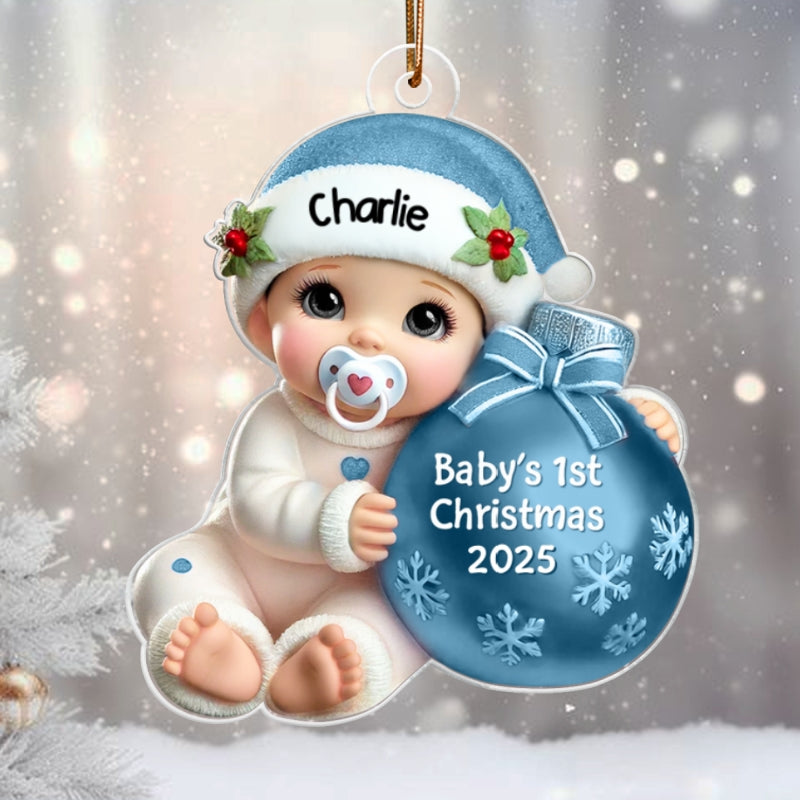 Baby Beside Christmas Bauble 3D Effect Baby's First Christmas Personalized Acrylic Flat Ornament