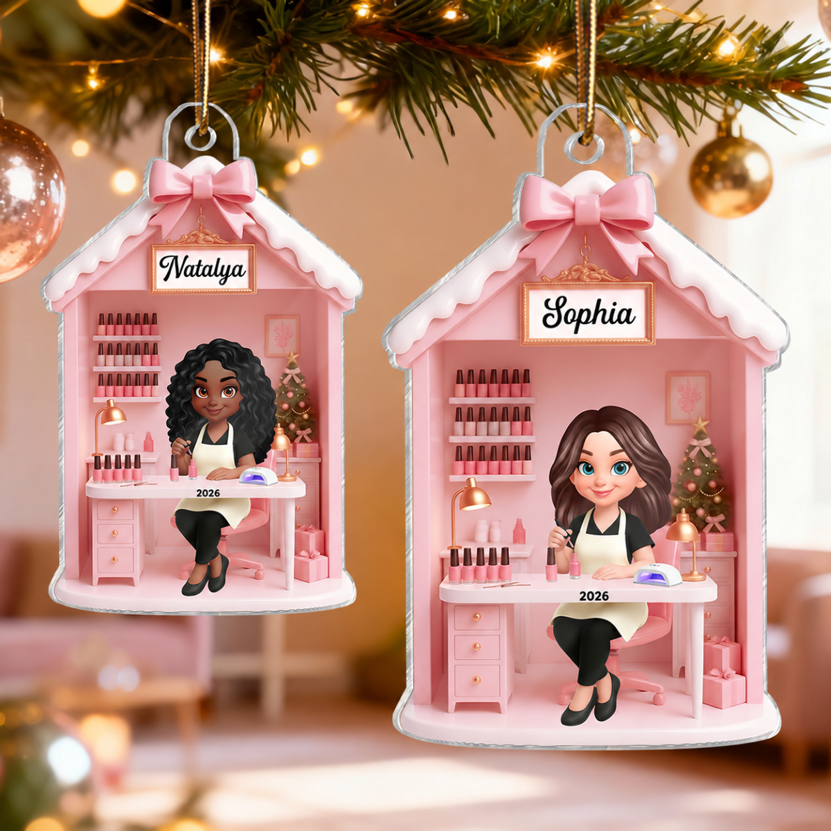 3D Effect Christmas Nail Technician In Salon - Personalized Acrylic Ornament - Gift For Nail Technician, Nails Decor, Beauty Salon, Woman, Girl