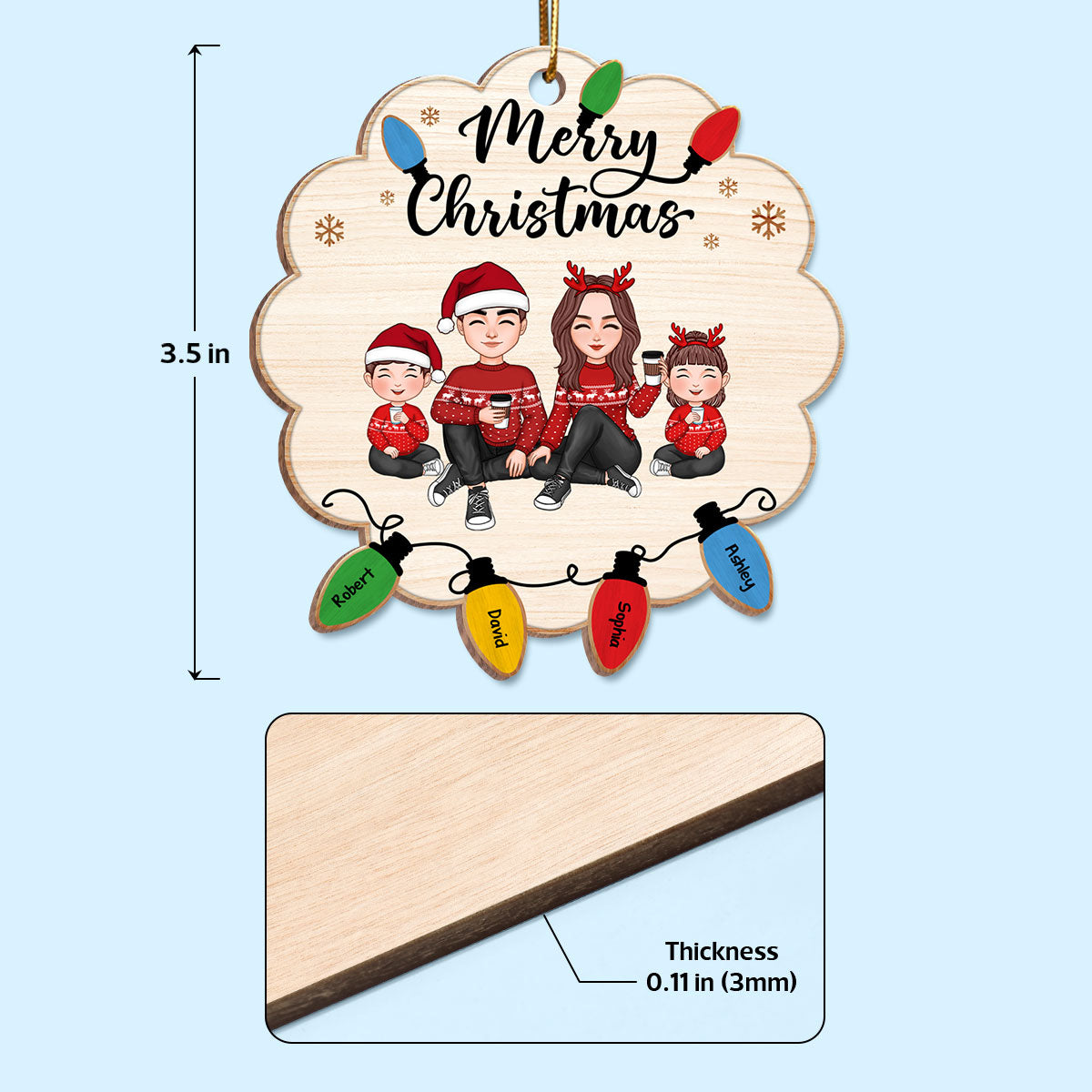 Cute Christmas Family Sitting Lightstring Personalized Wooden Ornament