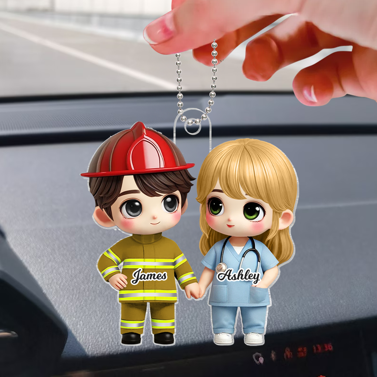 3D Effect Cute Cartoon Couple Gift by Occupation Gift For Her Gift For Him Personalized Acrylic Car Hanger, Anniversary Gift For Couple