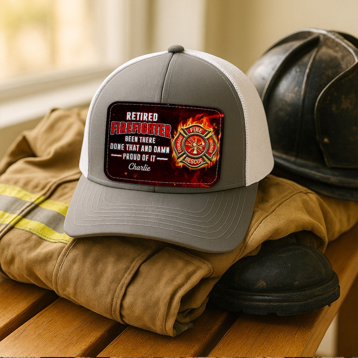 Retired Firefighter Proud Of It Gift For Dad Grandpa Personalized Leather Patch Hat