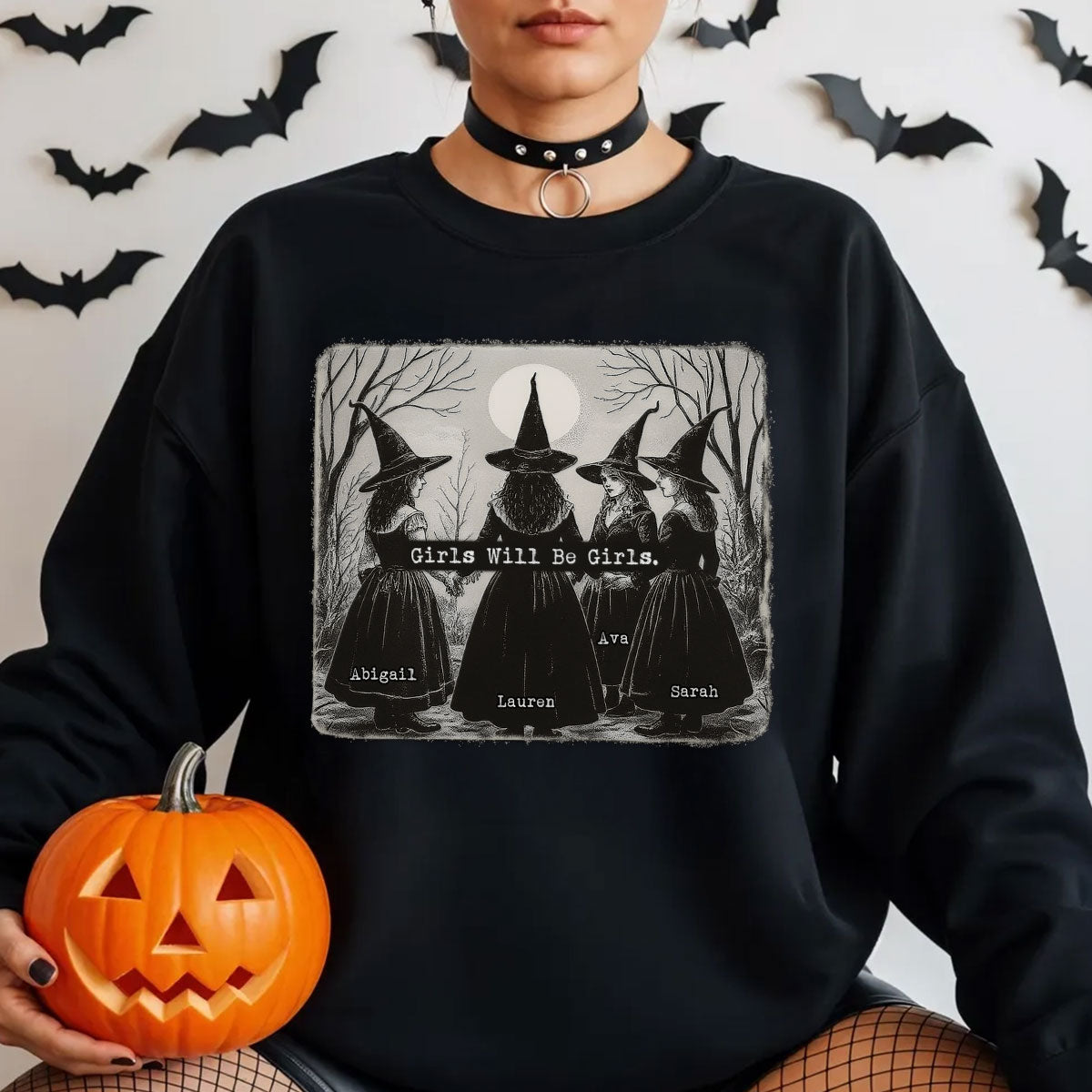 Vintage Witch Girls Will Be Girls Personalized Sweatshirt, Halloween Party Matching Shirt