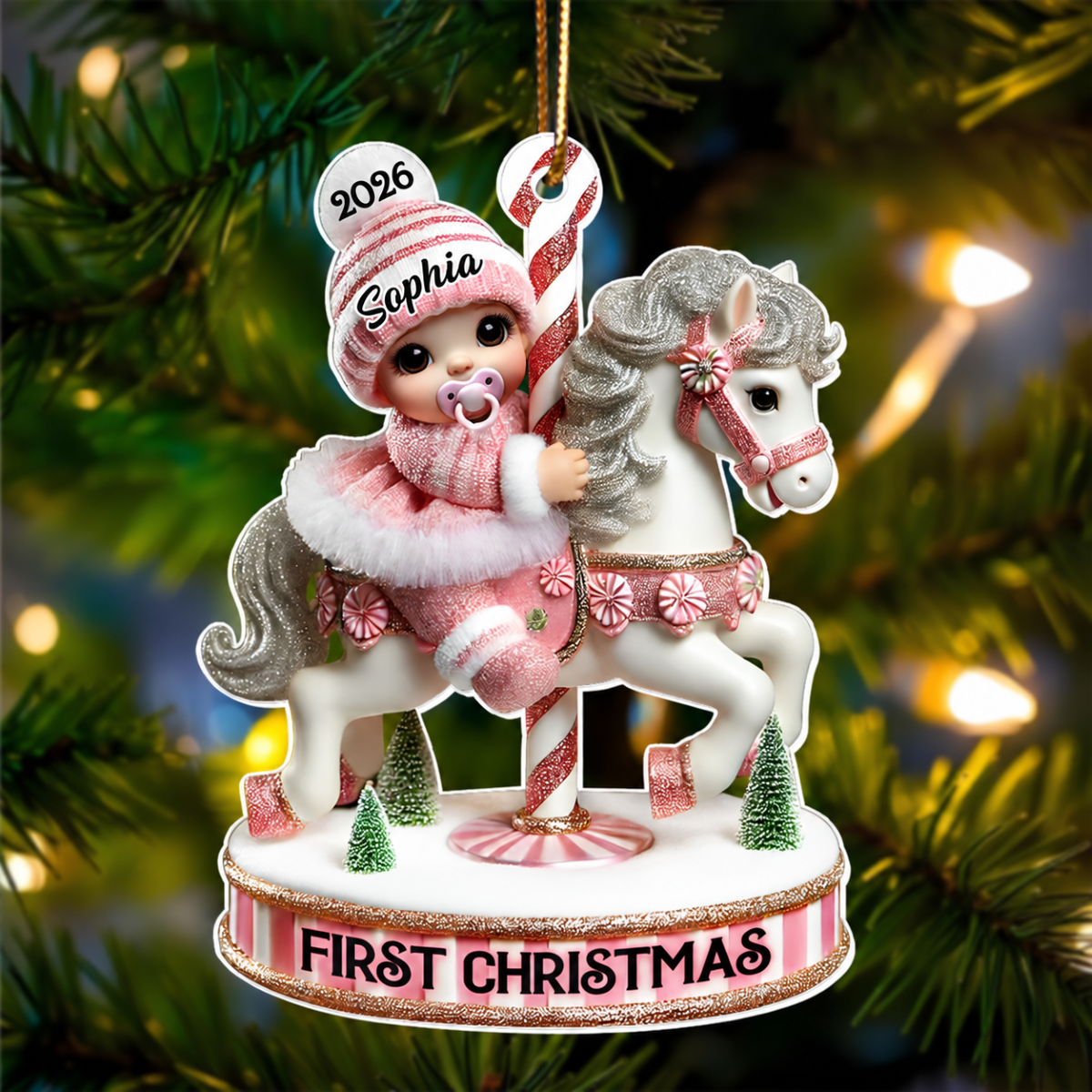 Baby's First Christmas Cute Baby On Carousel Horse Personalized Acrylic Ornament, New Parents Keepsake, Gift For Newborn