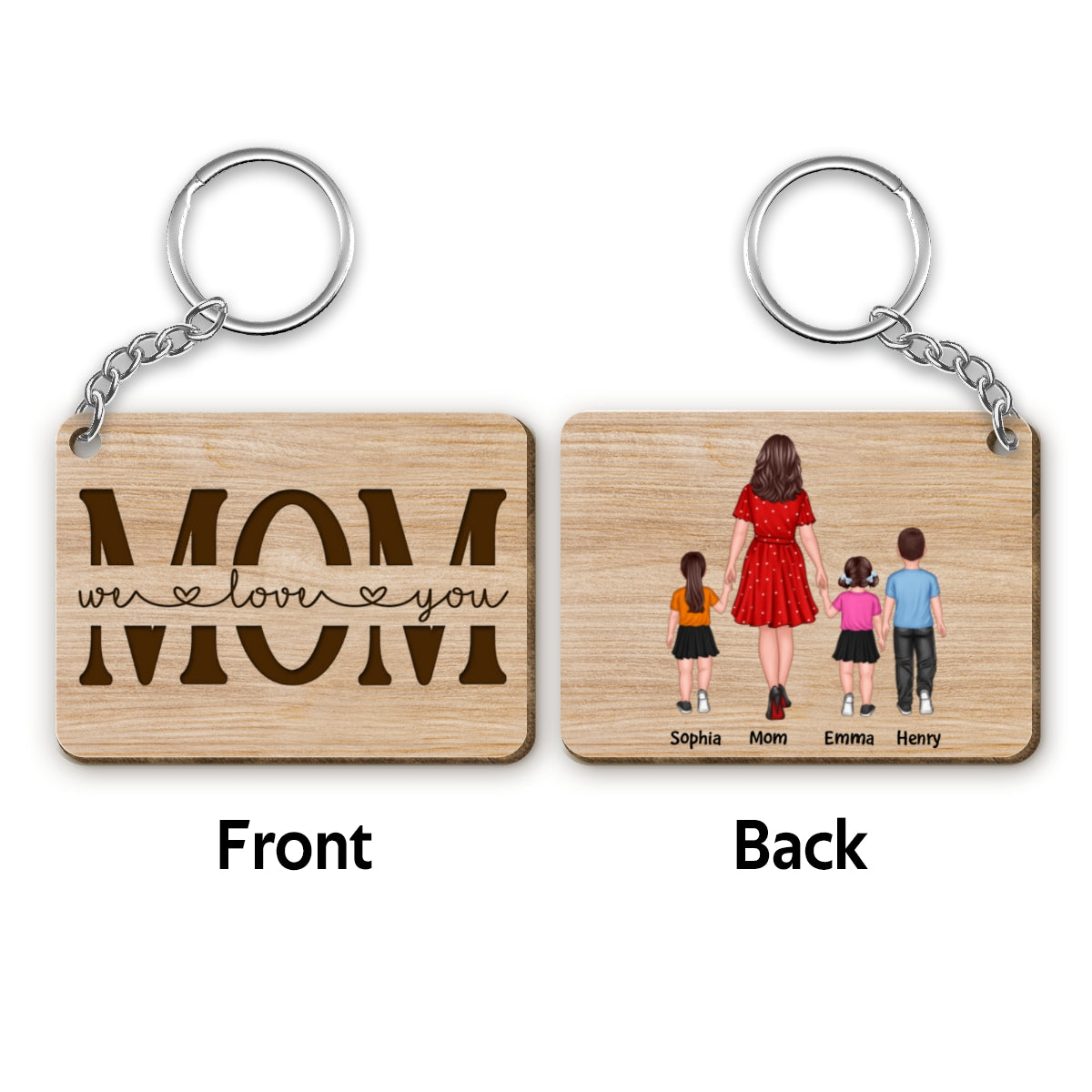 Best Mom Ever Back View Walking Woman & Kids Personalized Wooden Keychain