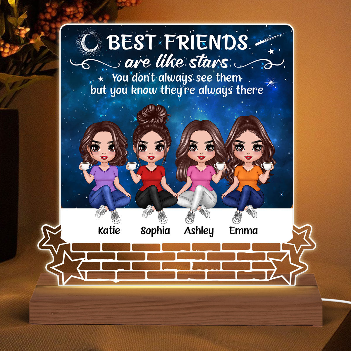 Besties Sisters Are Like Stars Galaxy Doll Women Sitting On Brick Wall Personalized Acrylic Custom Shape LED Night Light