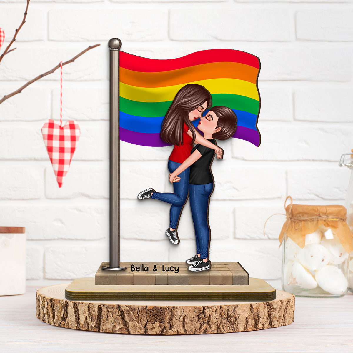 Hugging Flag LGBT Couple Hugging Kissing Flag Personalized 2-Layered Standing Woode ...