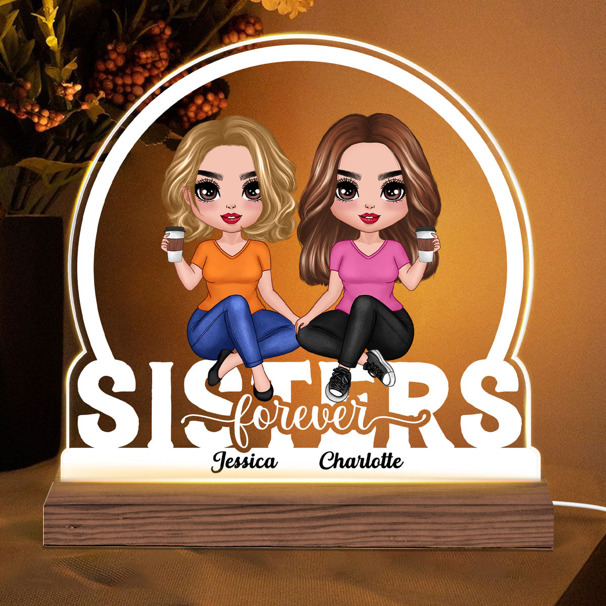 Doll Besties Sisters Sitting On Text Personalized Custom Shape LED Night Light