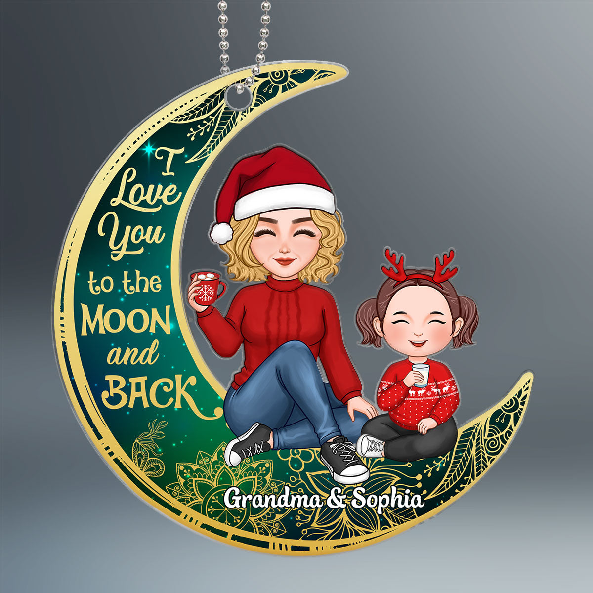 Cute Grandma & Grandkid On Green Moon Christmas Gift For Grandson Granddaughter Personalized Acrylic Ornament