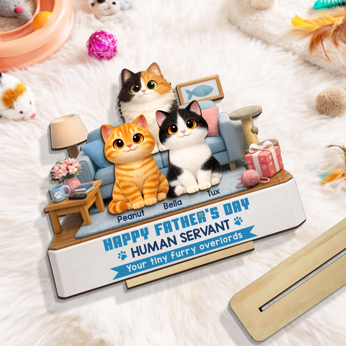 Cat Dad Cute Fluffy Cats Happy Father's Day Human Servant - Personalized 2-Layered Wooden Plaque - Funny Father's Day Gift For Cat Dad, Cat Lovers