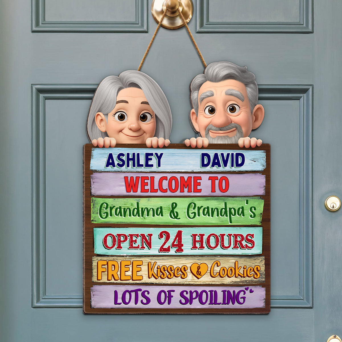 Welcome To Grandma Grandpa's Peeking Colorful Palletes Personalized Wood Sign