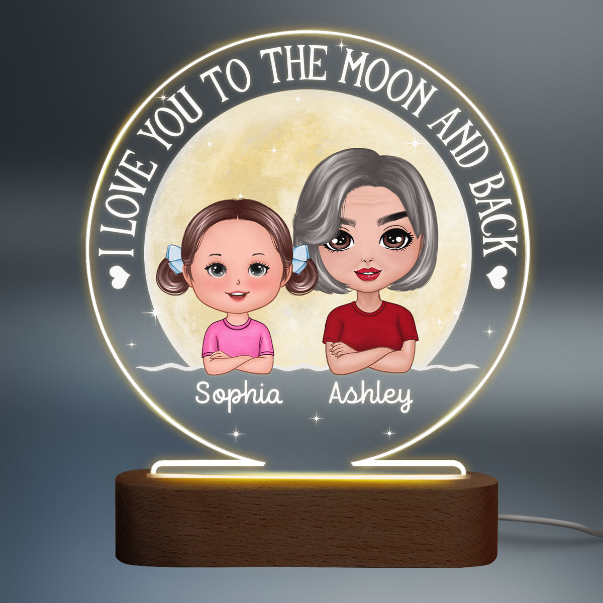 Grandma & Grandkids Love To The Moon Personalized Circle Acrylic Plaque With LED Night Light