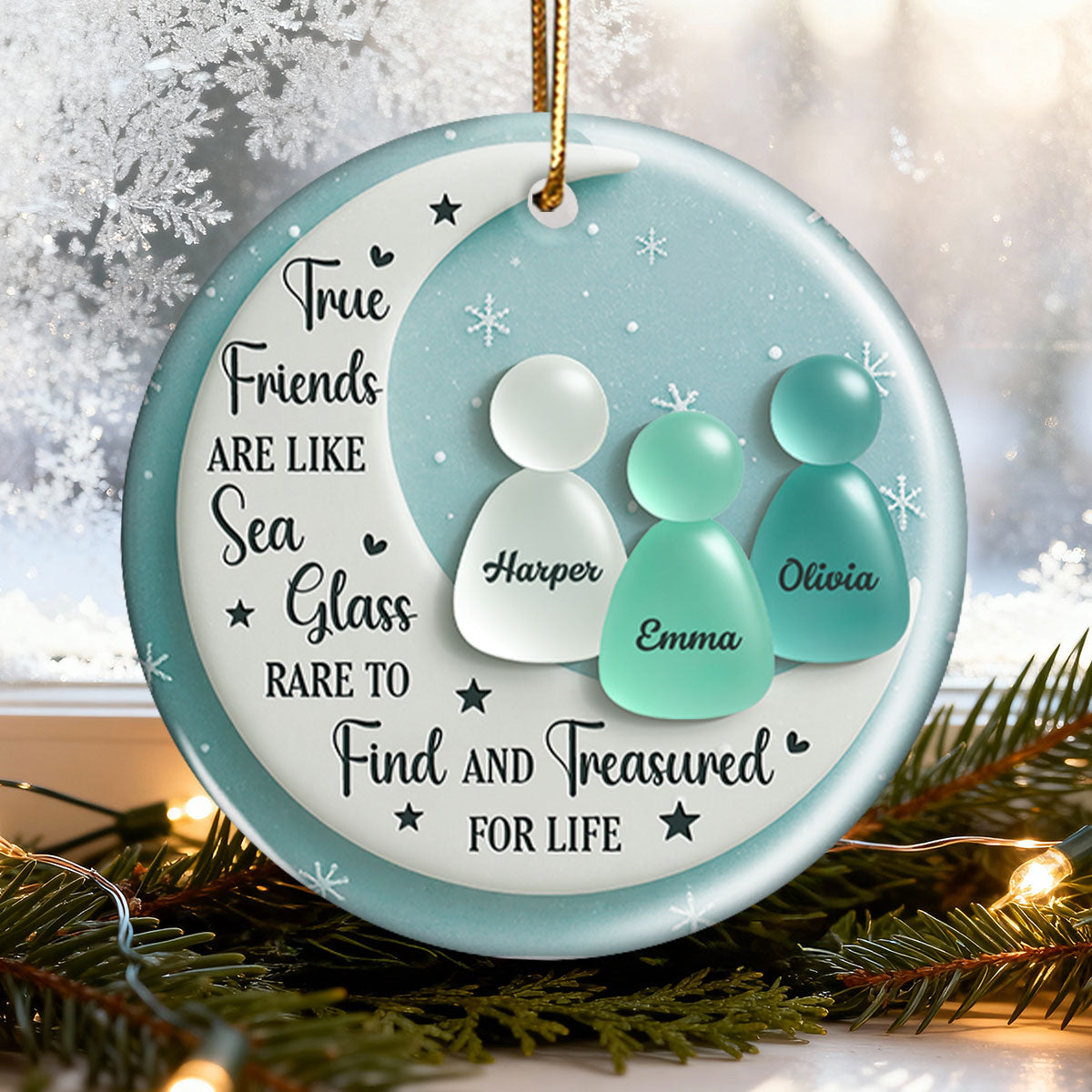 3D Sea Glass Effect Besties On Moon - Personalized Ceramic Ornament With Acrylic Pieces - Unique Gift For Best Friends