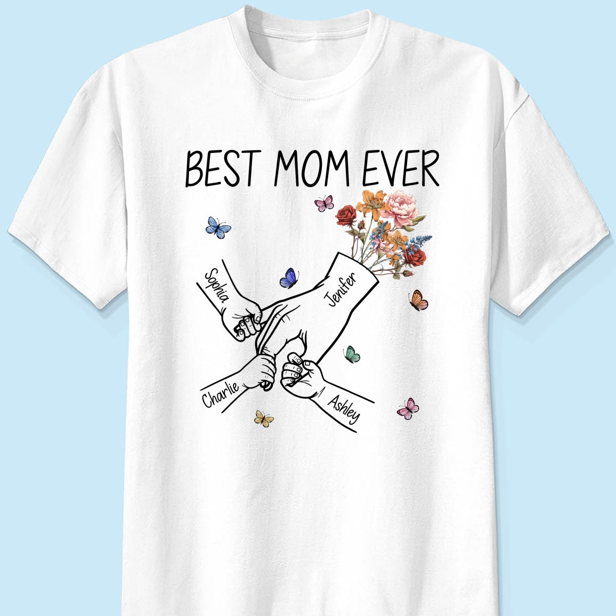 Kids Holding Mom‘s Hand Vintage Birth Month Flowers Gift For Mom Personalized Shirt