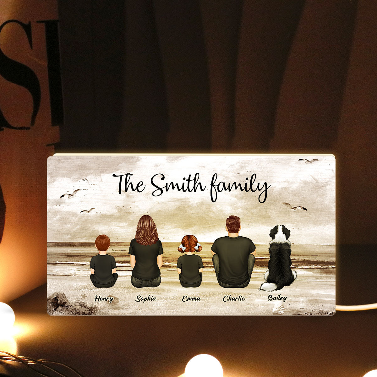 Family Sitting Back View Retro Vintage Beach Landscape Personalized Light Box, Unique Gift, Father's Day Gift