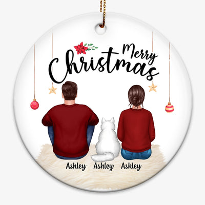Back View Couple Sitting With Cats Christmas Personalized Circle Ornament