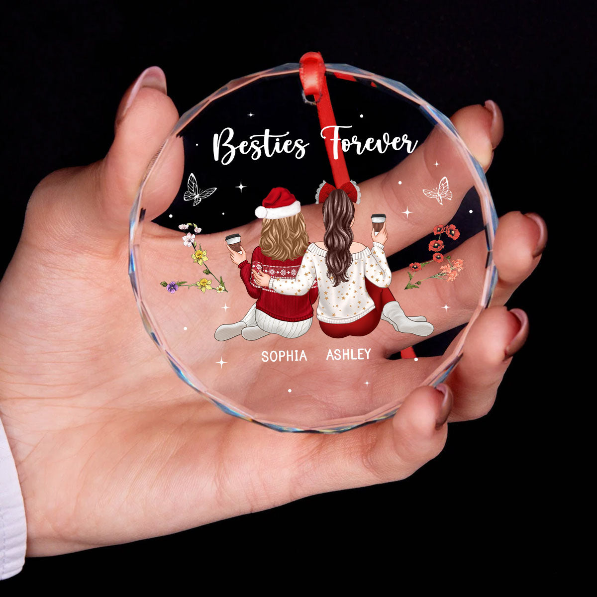Besties Sisters Sitting Back View Zodiac Sign Birth Month Flowers Personalized Glass Ornament