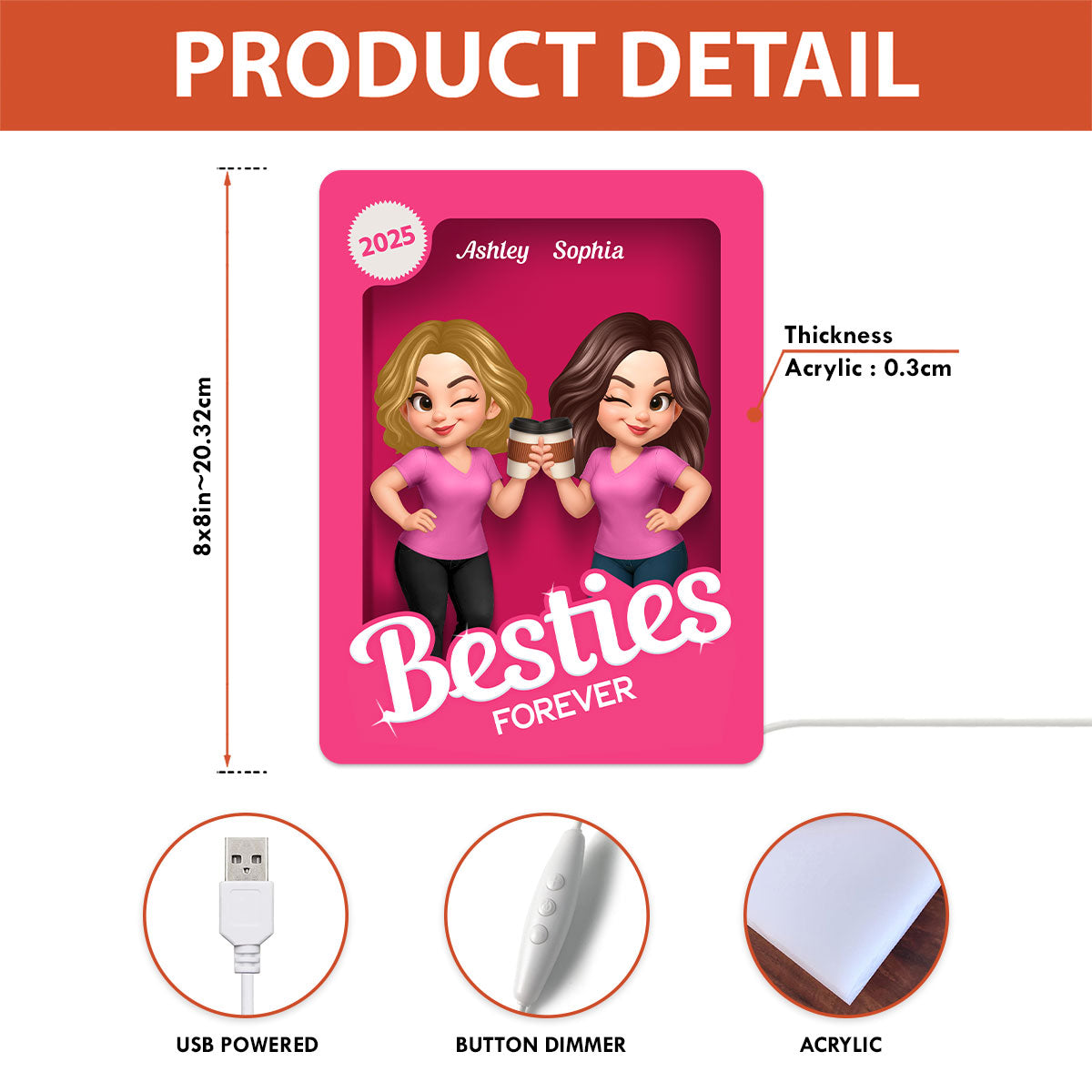 Besties Partners In Crime Pink Action Figure 3D Effect Personalized Light Box