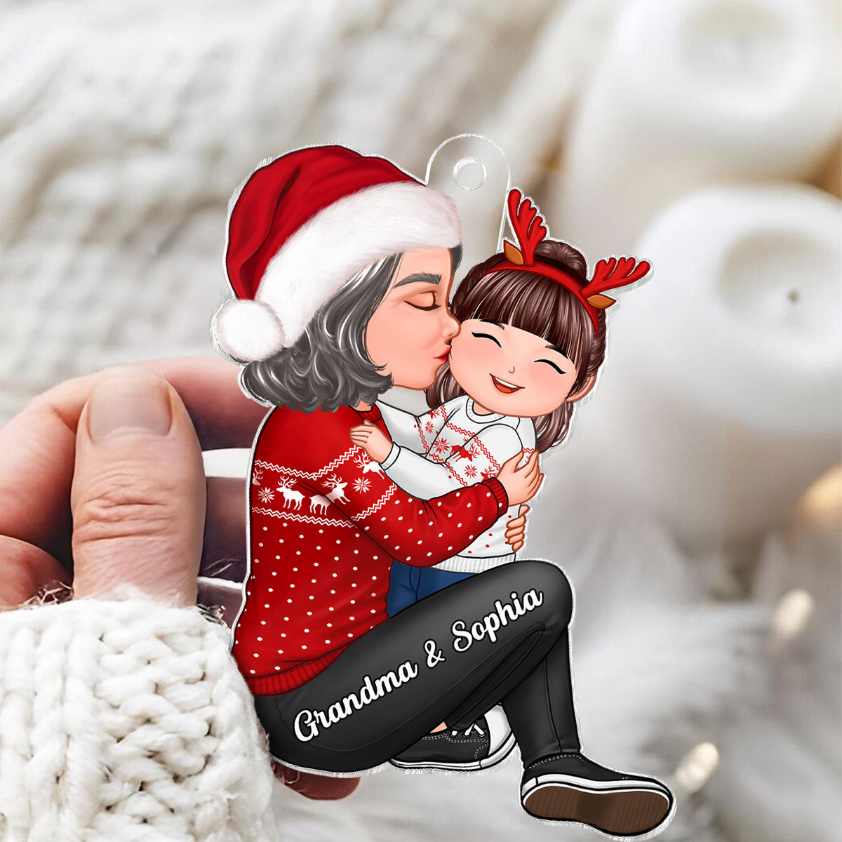 Christmas Grandma Kissing Grandkid - Personalized Acrylic Ornament - Heartwarming Gift For Granddaughter Grandson