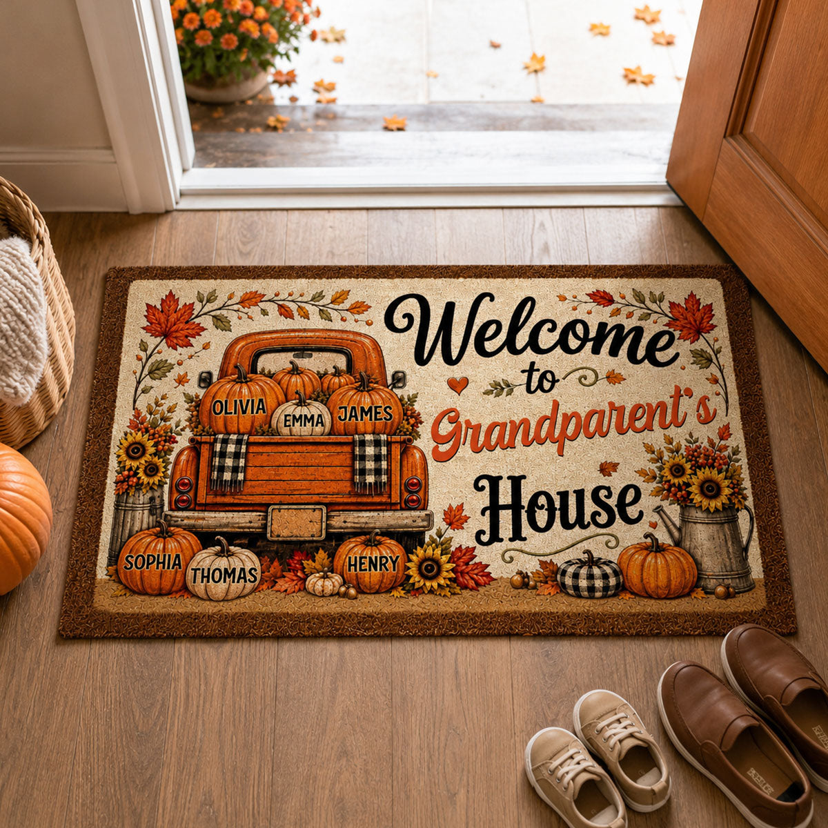 Floral Pumpkin Patch Truck Grandparent - Personalized Doormat - Fall Season Decor Gift, Gift For Grandma Grandpa