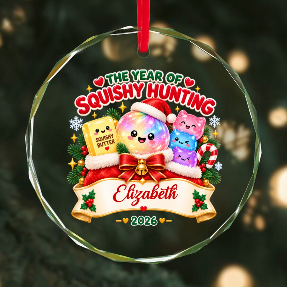 The Year of Squishy Hunting - Personalized Glass Ornament - Christmas Kawaii Gift for Kids