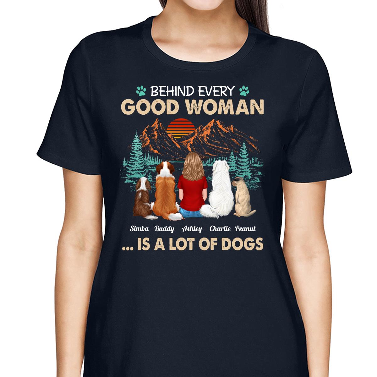 Behind Good Woman Is A Lot Of Dogs Back View Woman Sitting With Dogs Retro Pine Forest Personalized Shirt