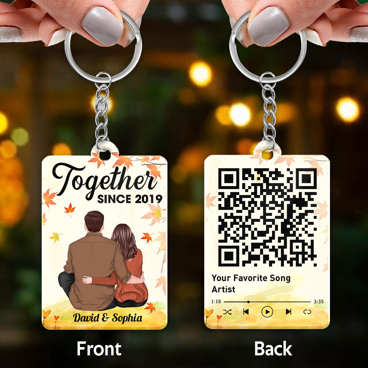 Couple Back View Sitting Under Fall Tree Favorite Song QR Code Personalized Acrylic Keychain