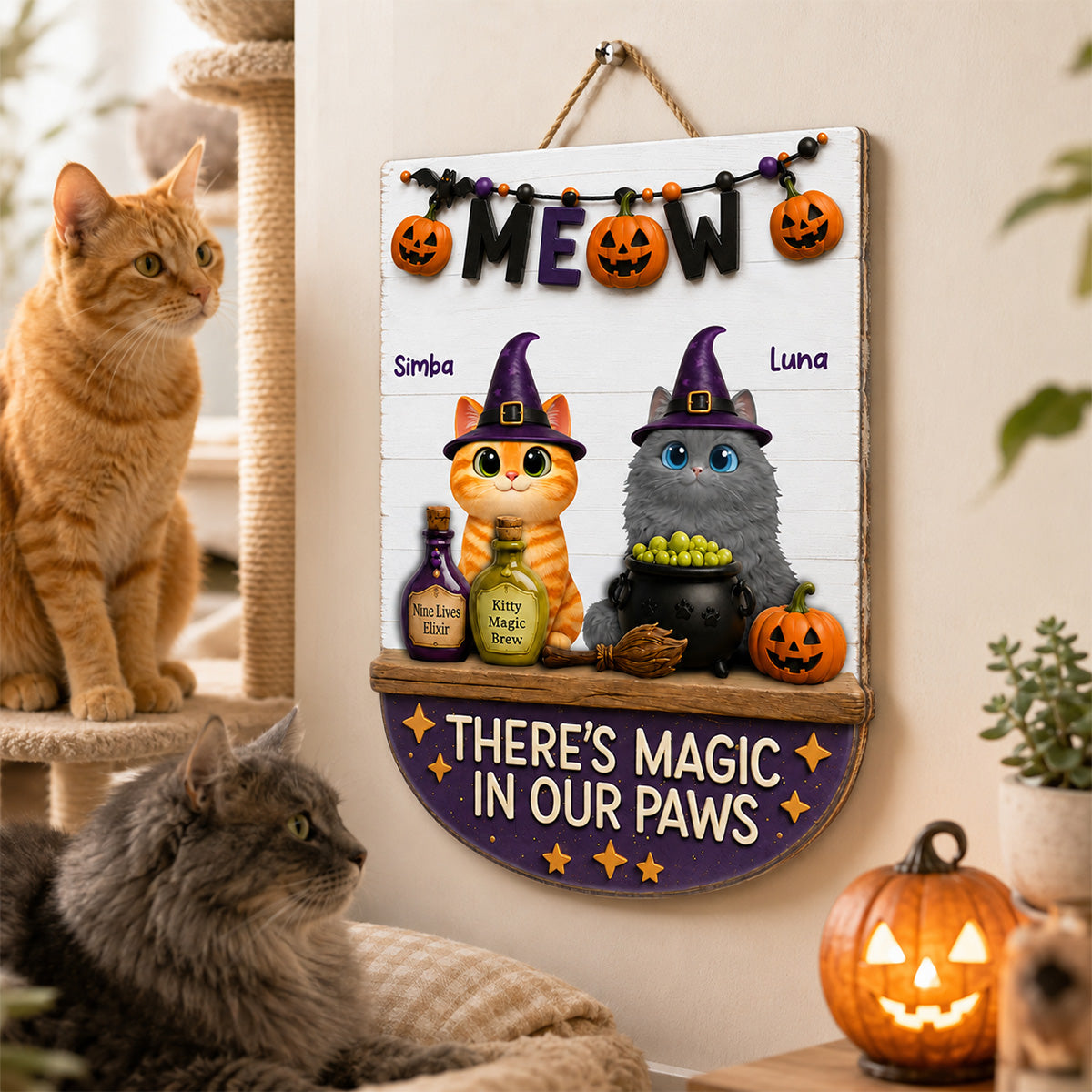 There's Magic In Cat Paws - Personalized Door Hanger - Halloween Decoration