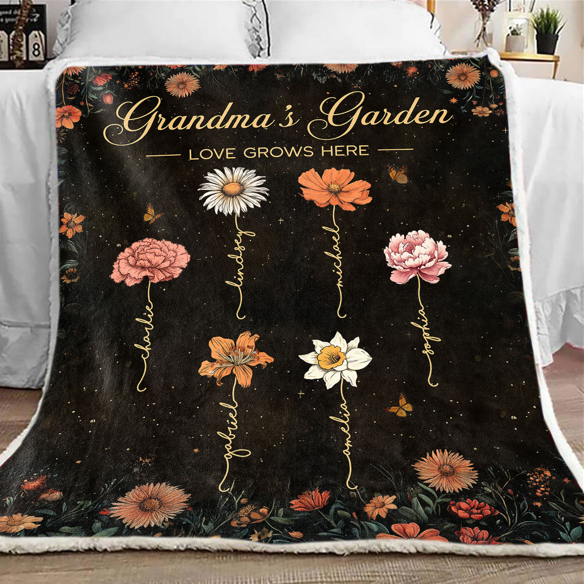 Grandma's Garden Vintage Birth Month Flower Personalized Fleece Blanket, Gift For Grandma