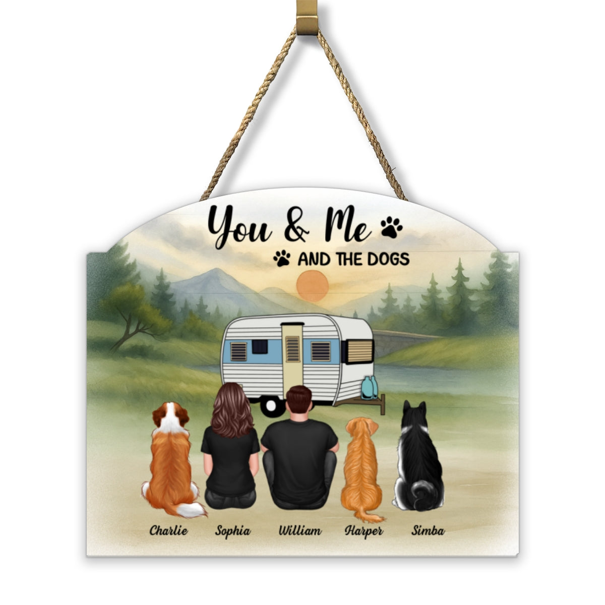 Couple And Dogs Camping Retro Mountain Personalized Wood Sign, Gift for Camping & Dog Lovers