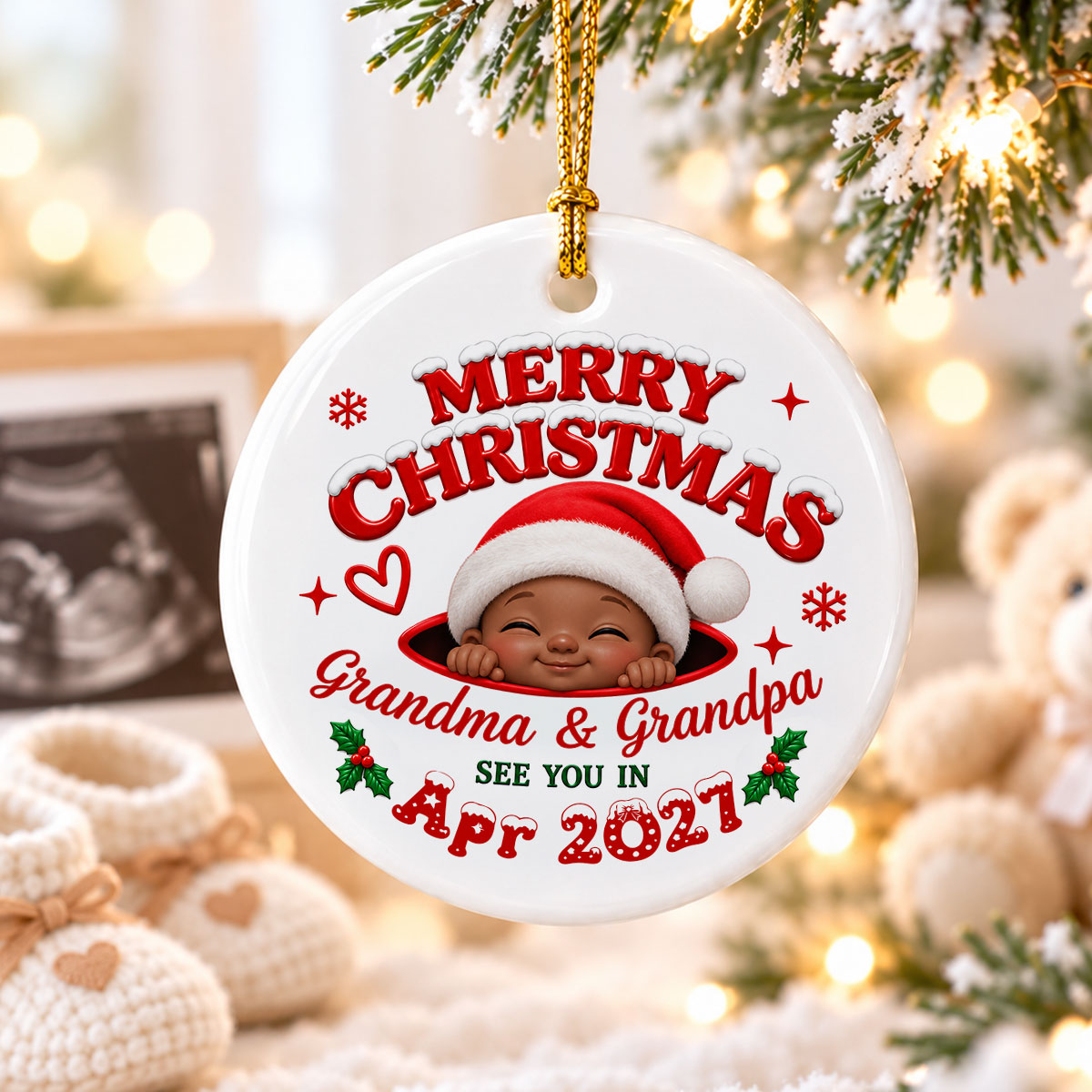 Merry Christmas Grandma & Grandpa - Personalized Ceramic Ornament - Pregnancy Announcement, Christmas Gift For Grandparents, Grandma, Grandpa, Expecting Grandparents
