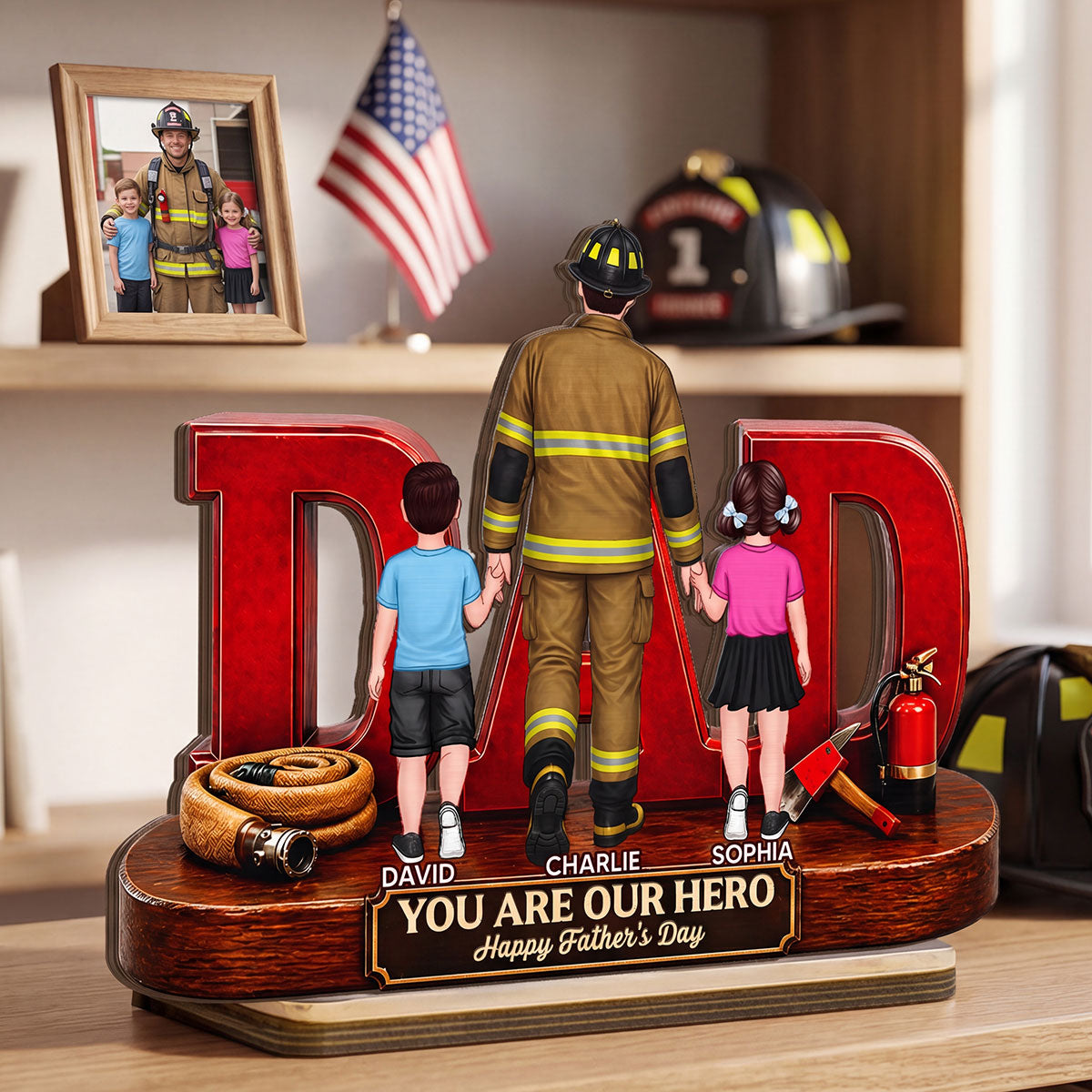 Proud Firefighter Dad You Are Our Hero - Personalized 2-Layered Wooden Plaque - Father's Day Gift For Dad