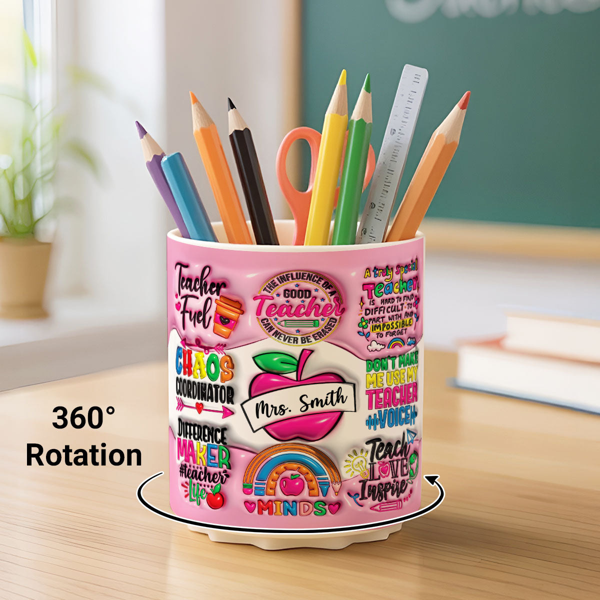 Teacher Fuel Chaos Ordinator 3D Inflated Effect Personalized Rotating Pen Holder, Teacher Appreciation Gift, Back To School Gift