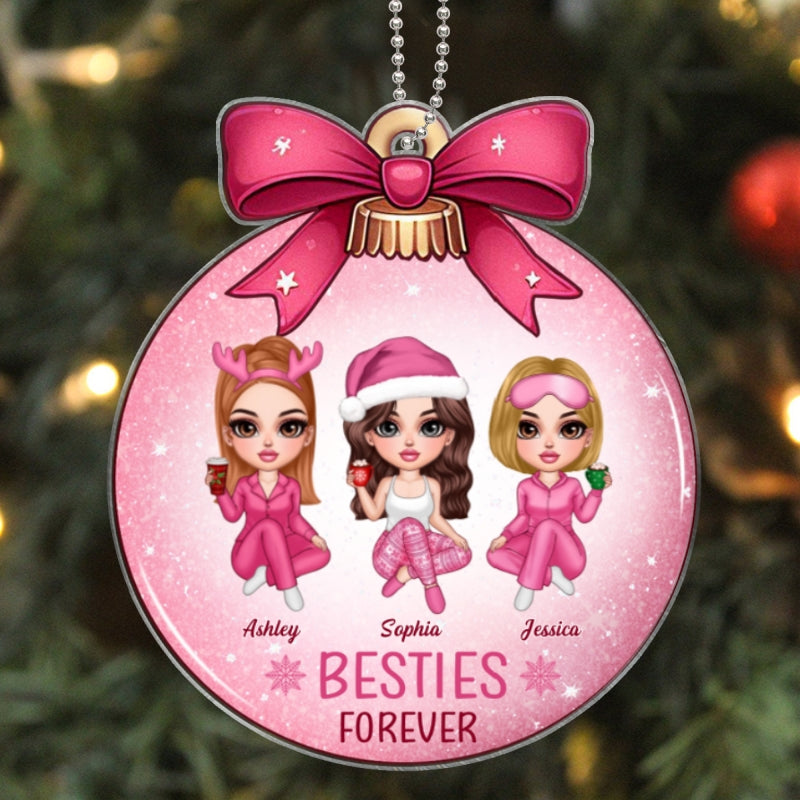 Pink Bow Coquette Besties Sisters Personalized Acrylic Ornament, Christmas Gift
