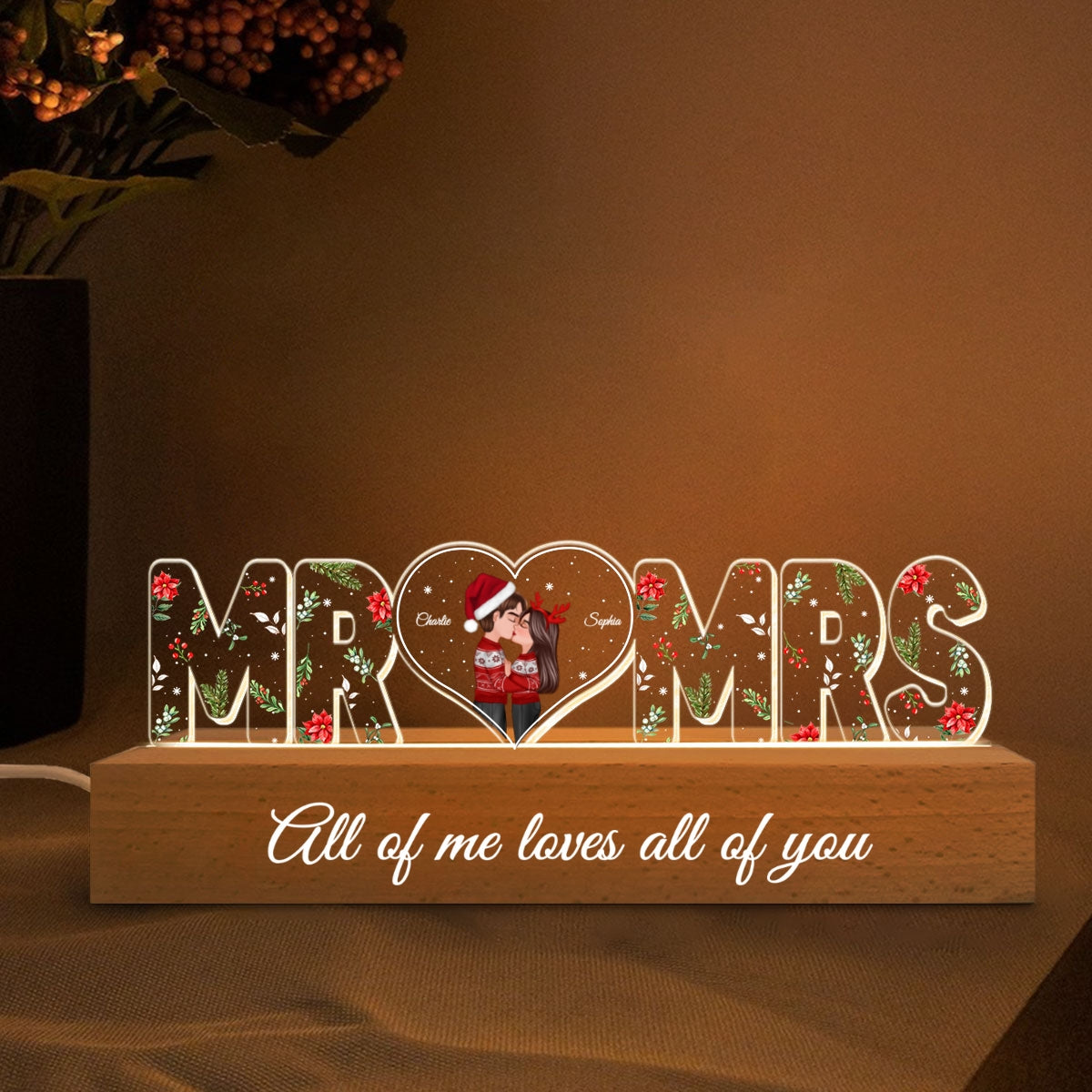 Mr and Mrs Couple Kissing Under Mistletoe Personalized LED Night Light, Christmas Gift for Newlywed, Anniversary Gift For Couple