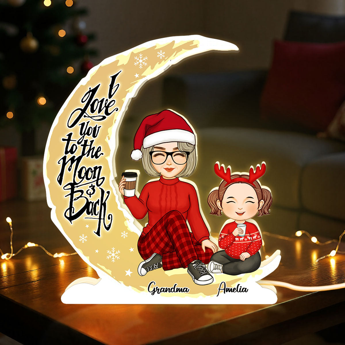 Cute Grandma & Grandkid On Yellow Moon Christmas Gift Personalized Light Box
