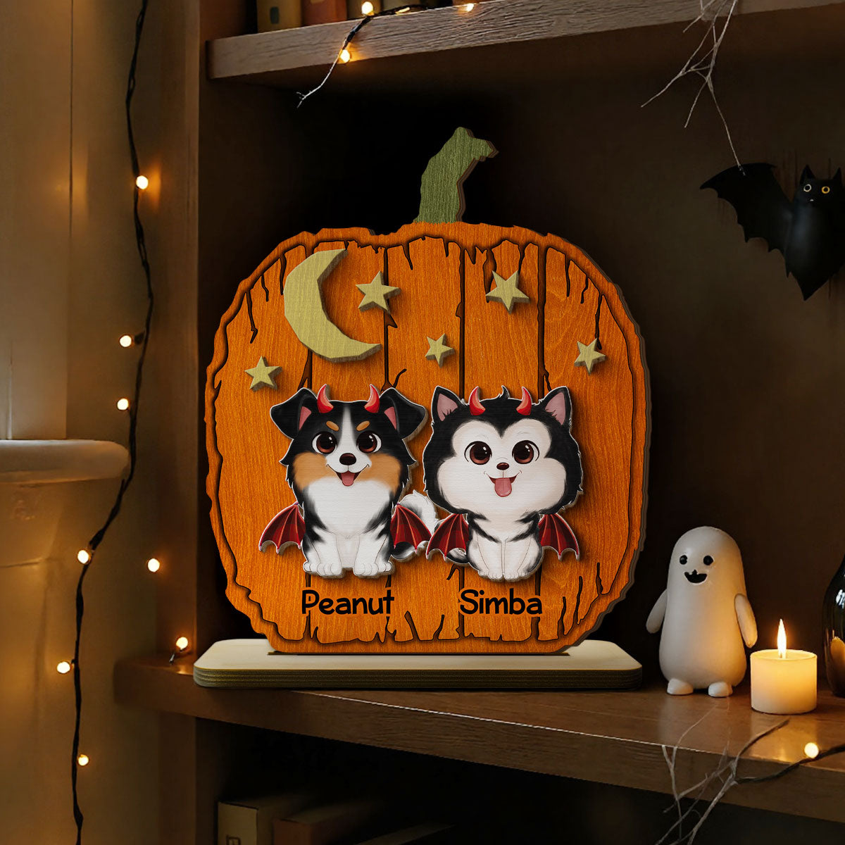 Halloween Dog Pumpkin Shaped Personalized 2-Layer Standing Wooden Plaque