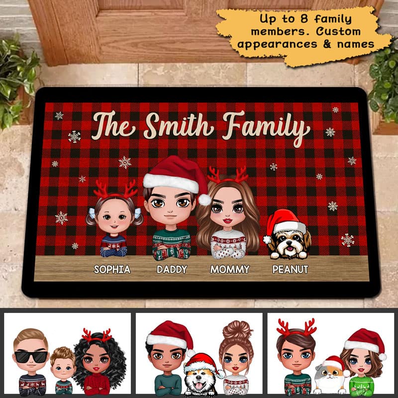 Doll Family Dad Mom Kids Dogs Cats Checkered Pattern Christmas Personalized Doormat