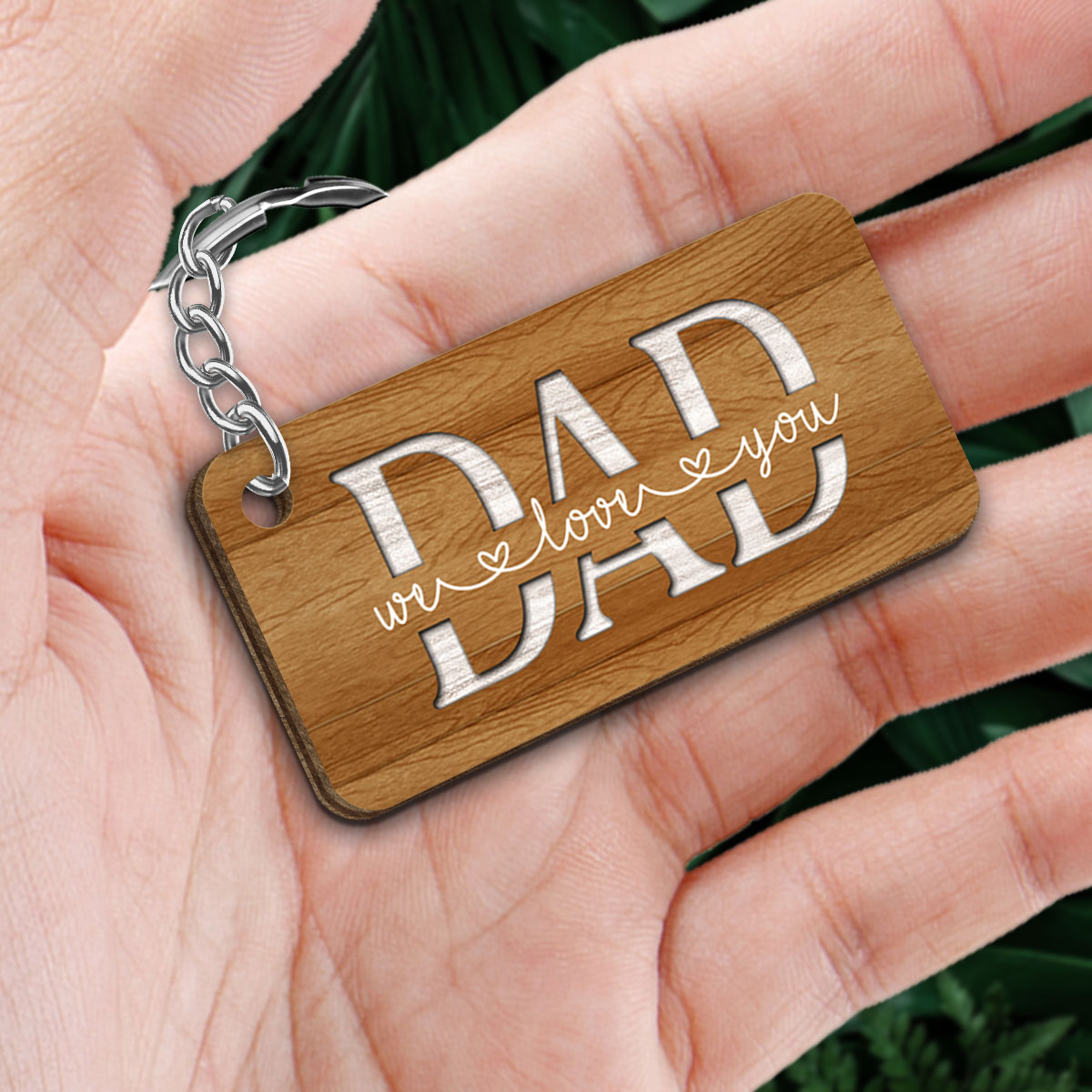 Back View Man Dad And Kids Dogs Cats Sitting We Love You Personalized Wooden Keychain